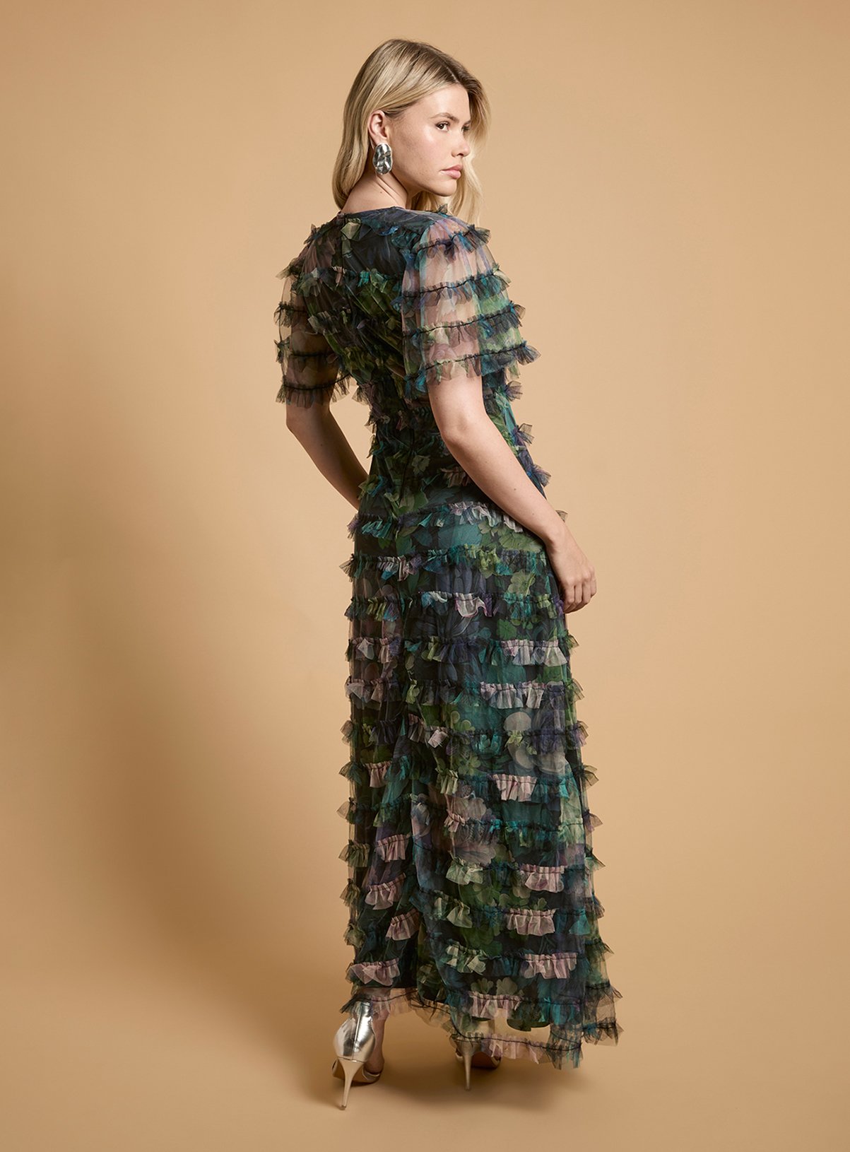 OASIS Floral Print Ruffle Mesh Maxi Dress 16 - Image 3 thumbnail
